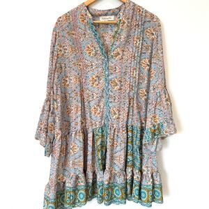 Antonella Boutique Boho Floral Bell Sleeve Pintucked Shirt Dress- One Size